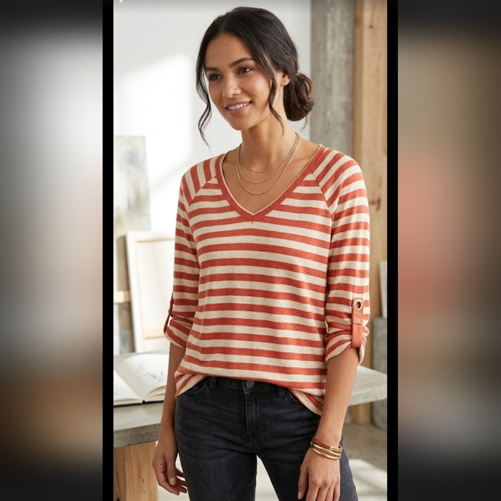 Kate & Parks Blouse Size XL Striped Rolled Up Sleeves Snap Rayon Blend